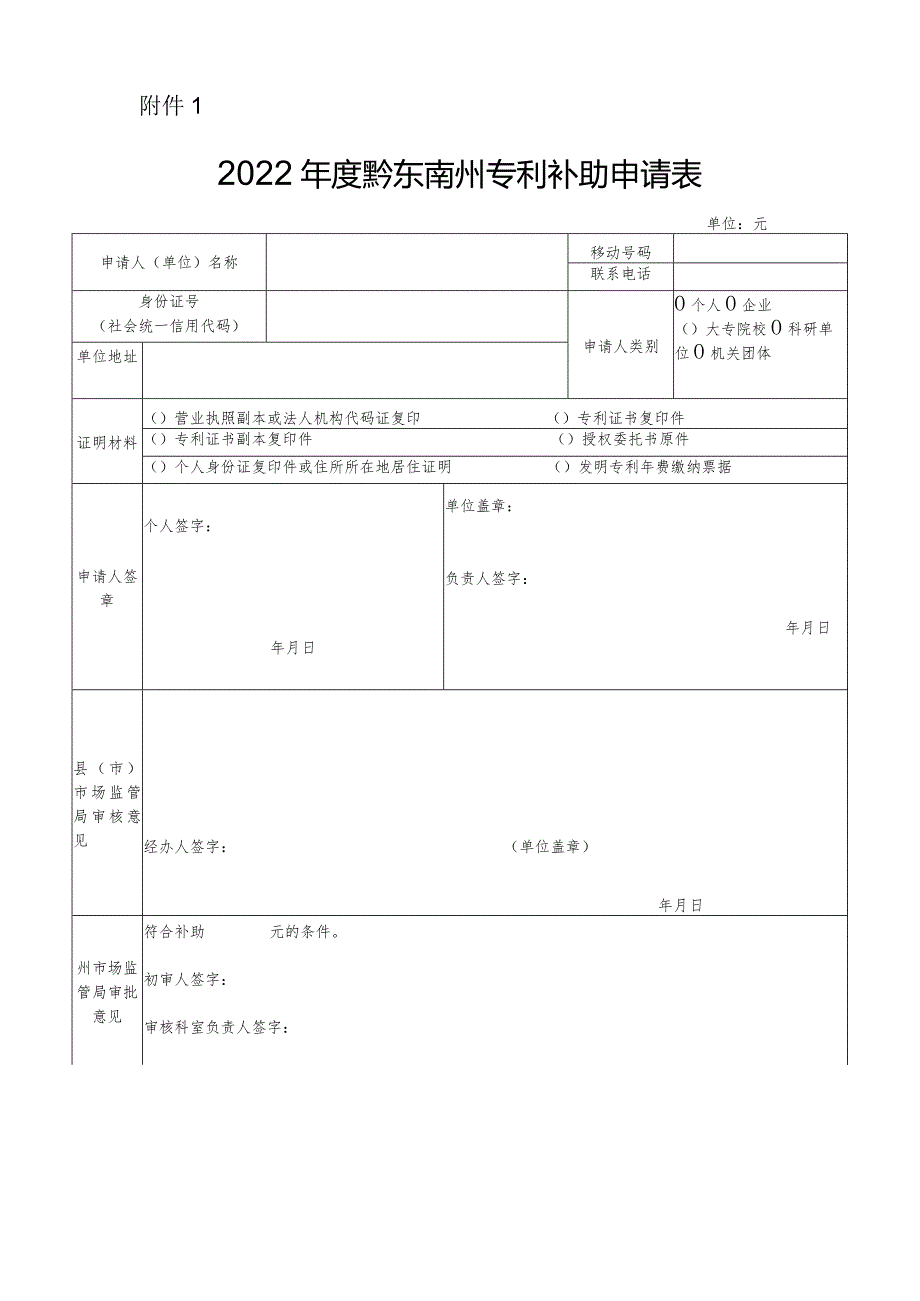 2022年度黔东南州专利补助申请表.docx_第1页