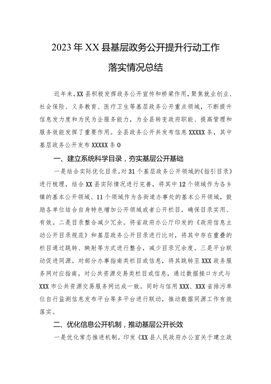 2023年xx县基层政务公开提升行动工作落实情况总结.docx_第1页