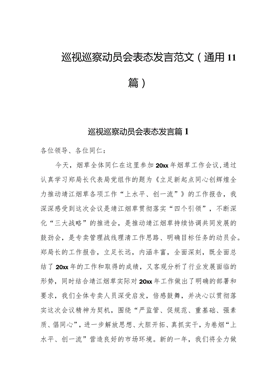 2023巡视巡察动员会表态发言范文(通用11篇).docx_第1页