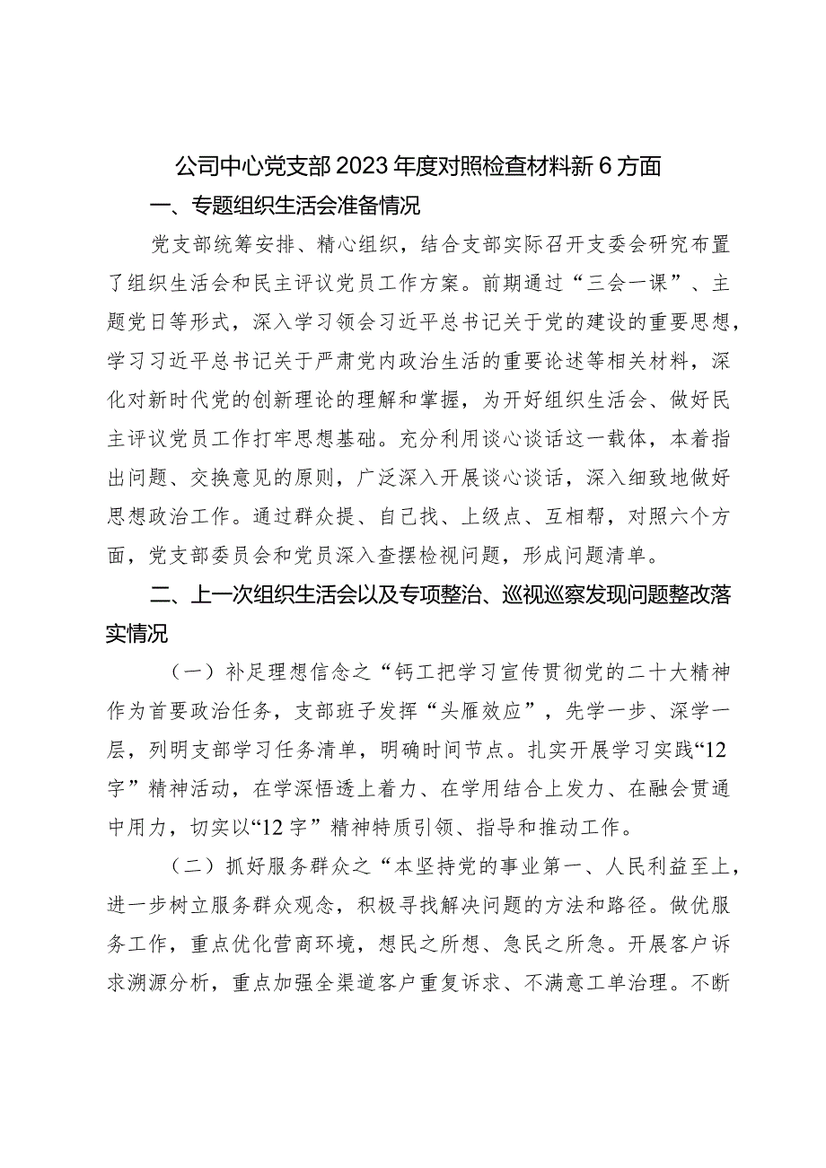 国企公司支部2023-2024年度班子对照检查材料（会前准备+上年度整改+践行宗旨等6个方面）.docx_第1页