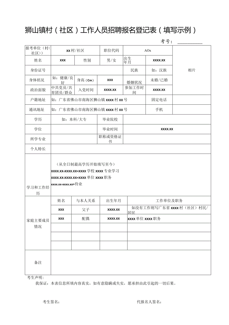 2014年狮山镇政府工作人员招聘报名登记表.docx_第1页