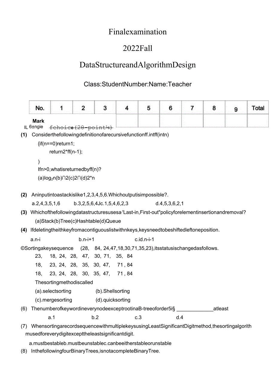 2022数据结构英文试卷A及答案----NEW.docx_第1页