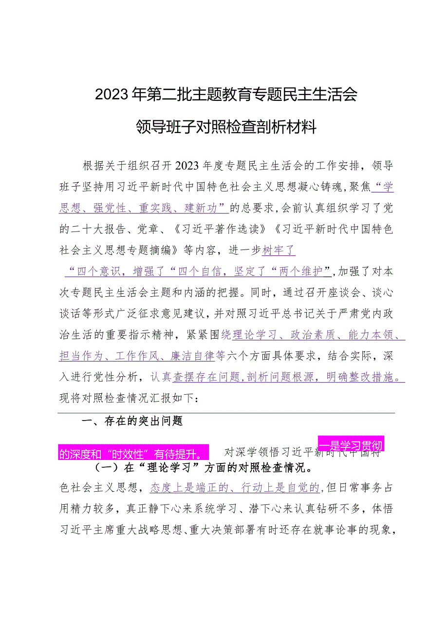 2023.12.23（写作模板）2023年第二批主题教育专题民主生活会领导班子对照检查剖析材料.docx_第1页