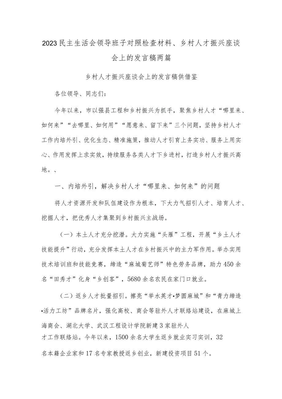 2023民主生活会领导班子对照检查材料、乡村人才振兴座谈会上的发言稿两篇.docx_第1页