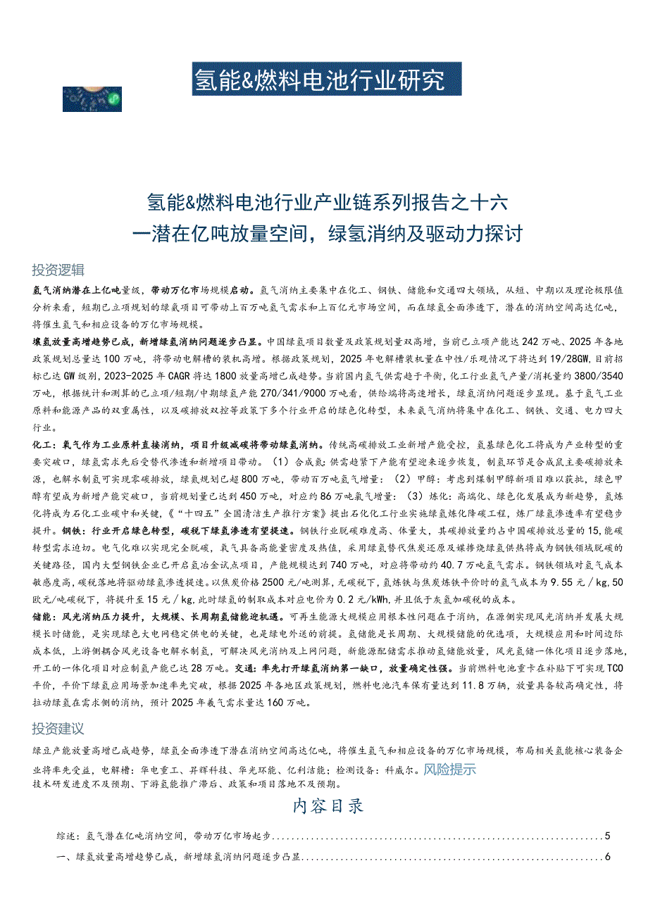 2023氢能＆燃料电池行业产业链系列报告之十六：潜在亿吨放量空间绿氢消纳及驱动力探讨.docx_第1页