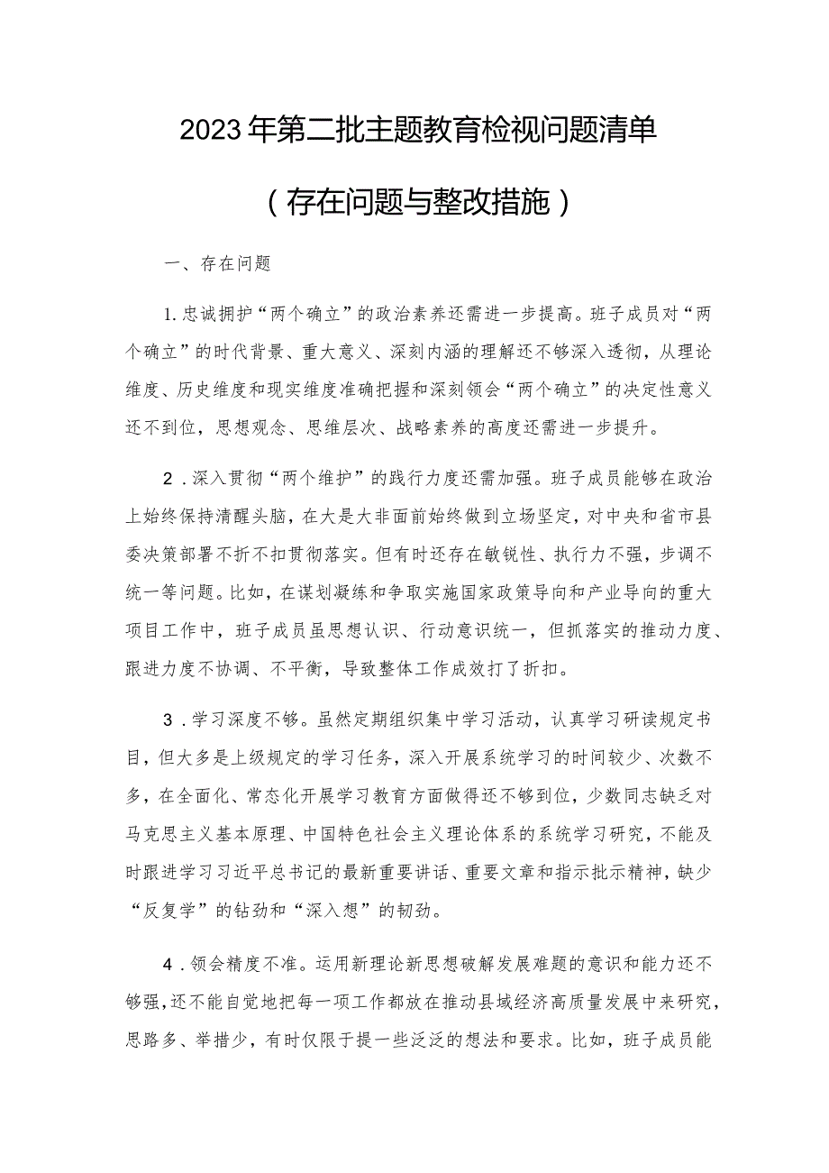 2023年第二批主题教育检视问题清单（存在问题与整改措施）.docx_第1页