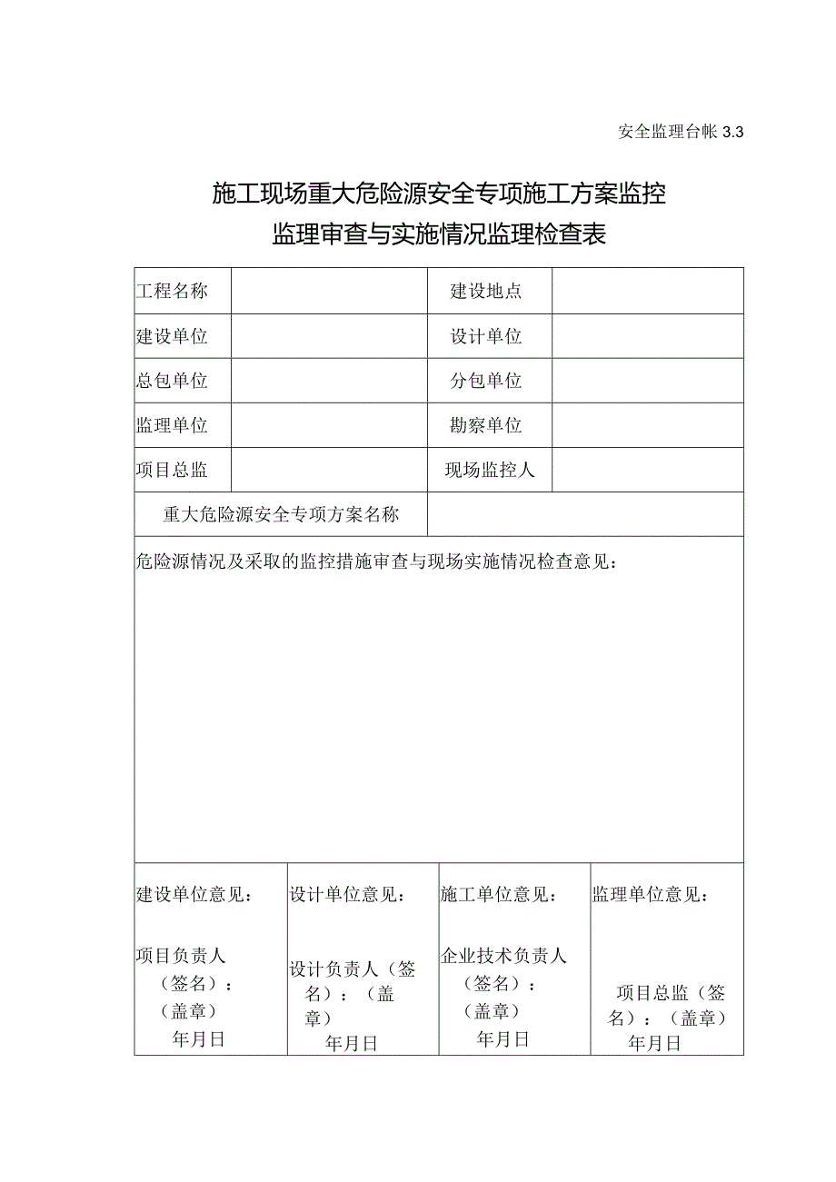 施工现场重大危险源安全专项施工方案监控监理审查与实施情况监理检查表.docx_第1页