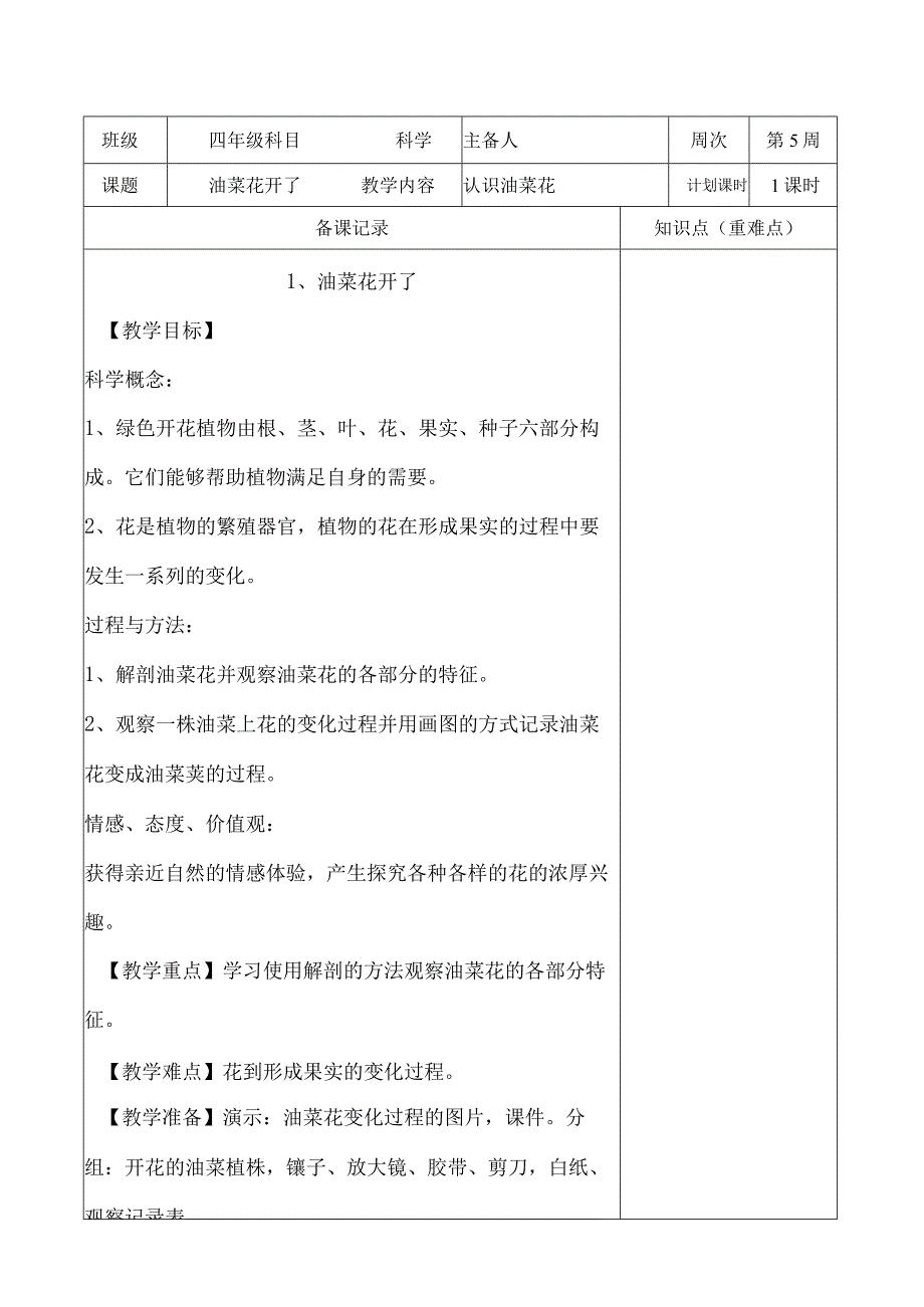 教科版四年级下册科学《1.油菜花开了》教学设计（教案）.docx_第1页