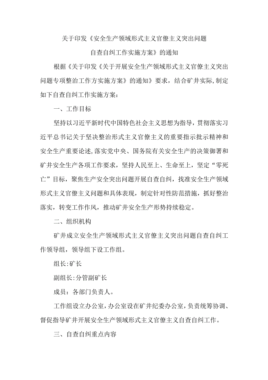 煤矿安全生产领域形式主义官僚主义突出问题自查自纠工作实施方案的通知.docx_第1页