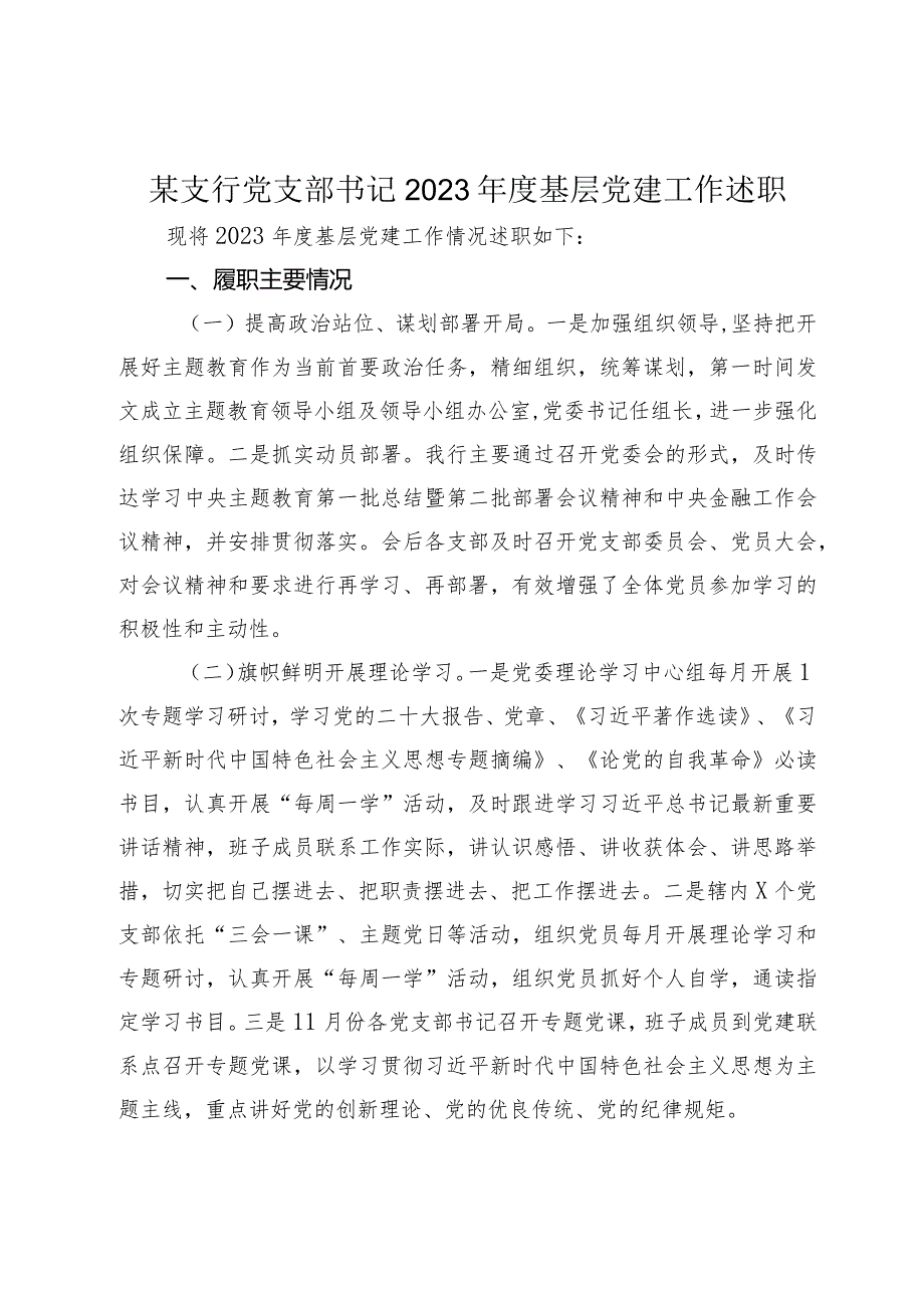 某支行党支部书记2023-2024年度基层党建工作述职总结报告.docx_第1页