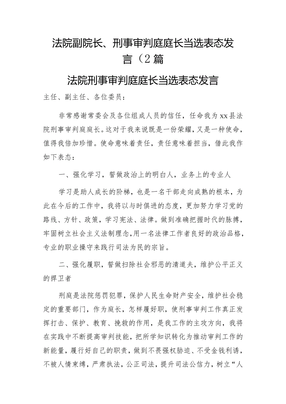 法院副院长、刑事审判庭庭长当选表态发言2篇.docx_第1页