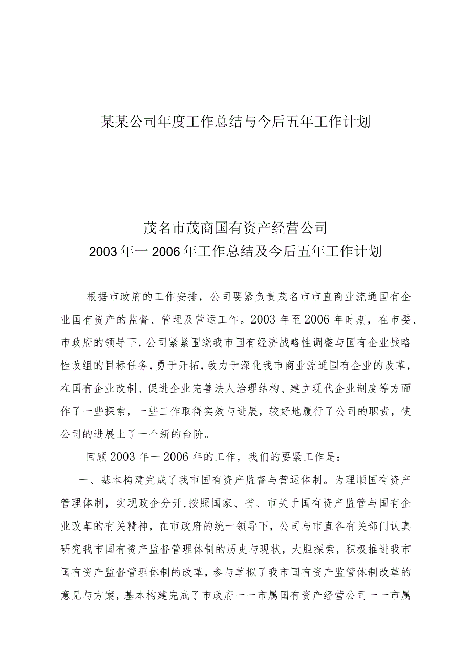 某某公司年度工作总结与今后五年工作计划.docx_第1页