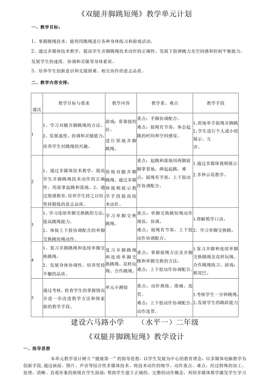 水平一（二年级）体育《双腿并脚跳绳》教学设计及教案（附单元教学计划）.docx_第2页