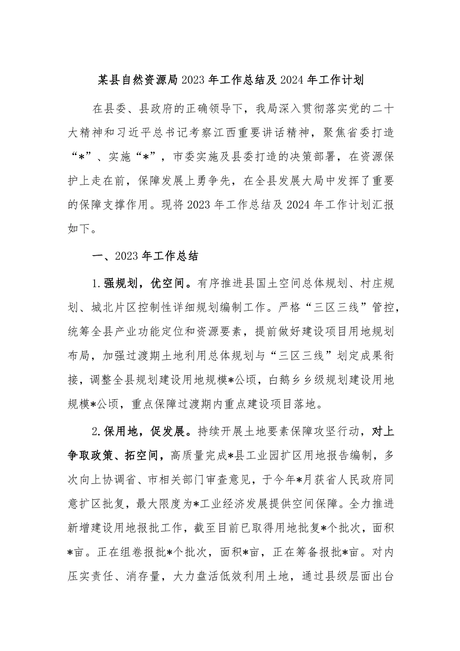 某县自然资源局2023年工作总结及2024年工作计划.docx_第1页