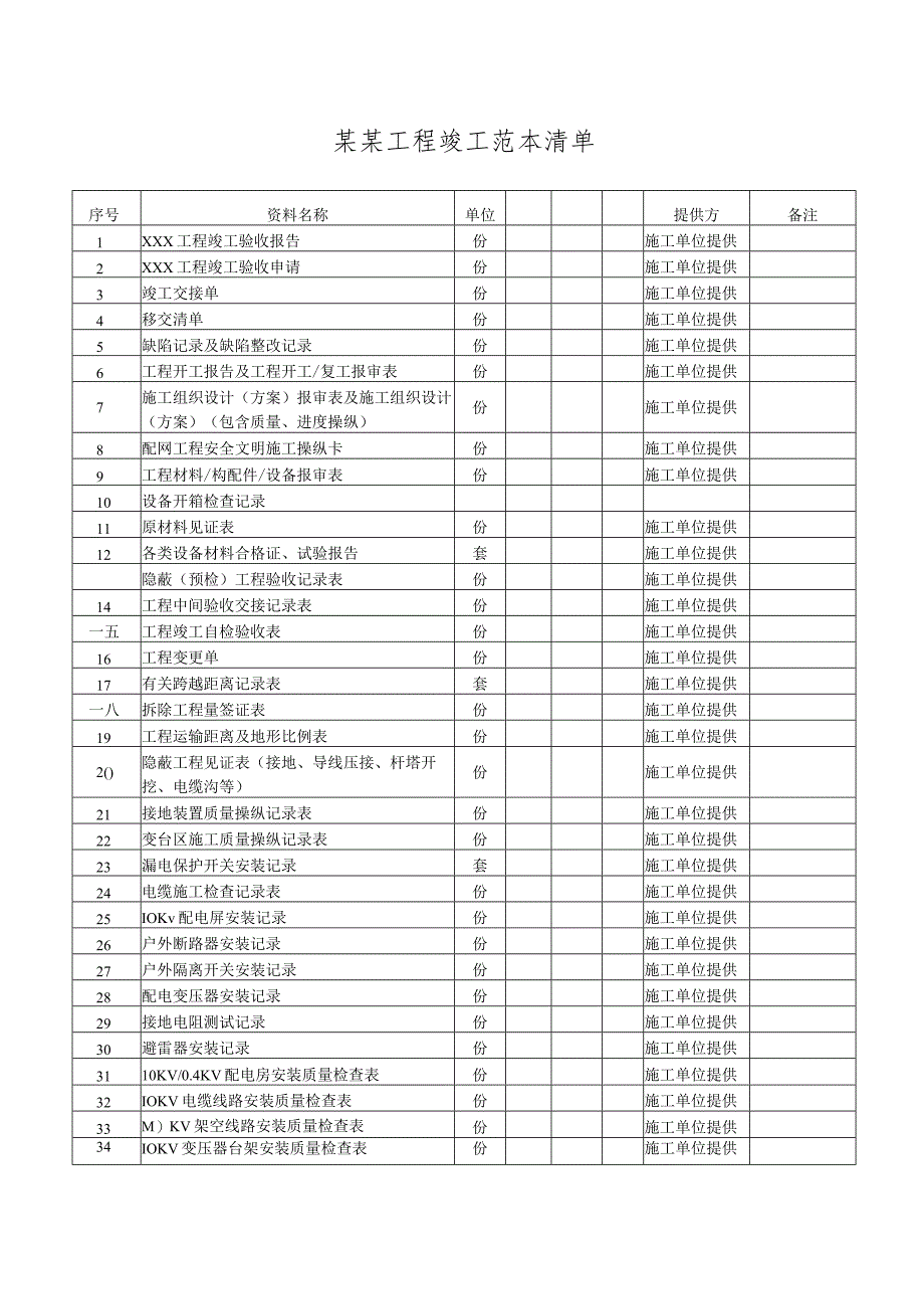 某某工程竣工范本清单.docx_第1页