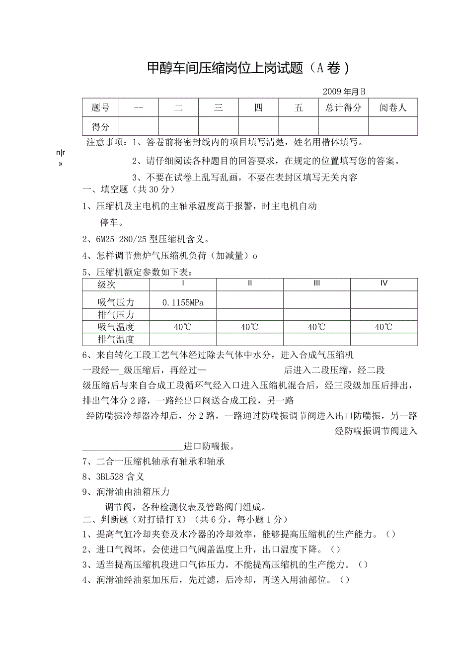 焦炉气压缩岗位综合试卷A卷.docx_第1页