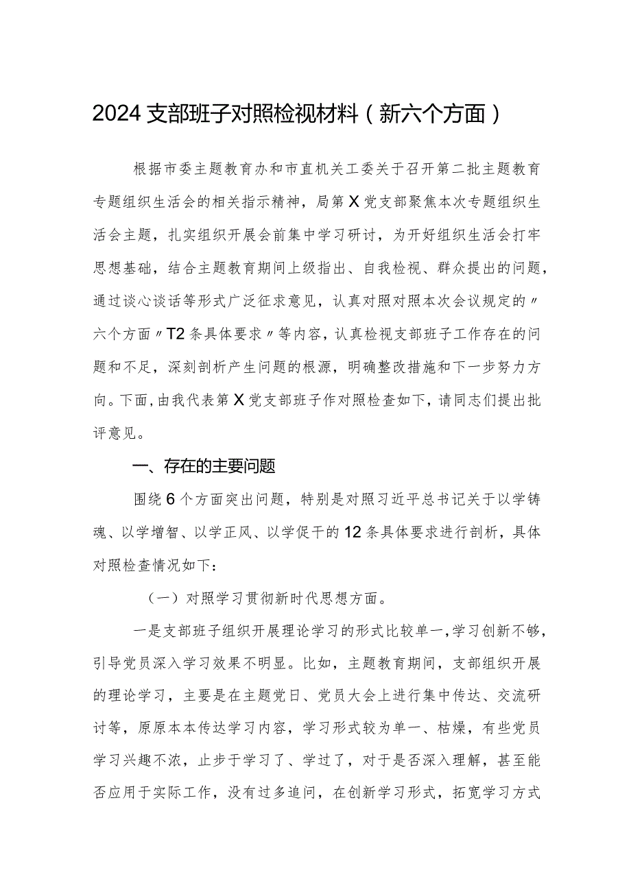 支部班子2023-2024年度新六个方面班子对照检视材料.docx_第1页