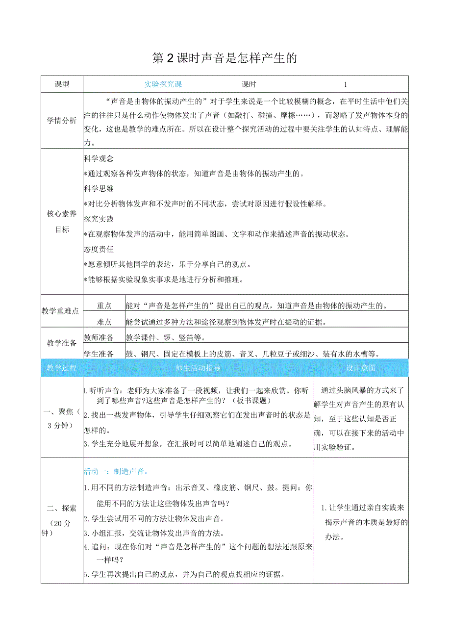 新教科版科学四年级上册第一单元声音表格式核心素养目标教案.docx_第3页