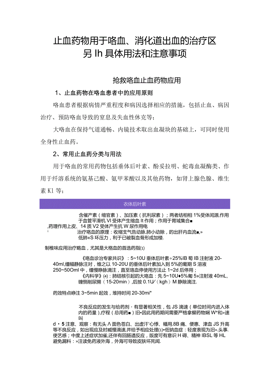 止血药物用于咯血、消化道出血的治疗区别、具体用法和注意事项.docx_第1页