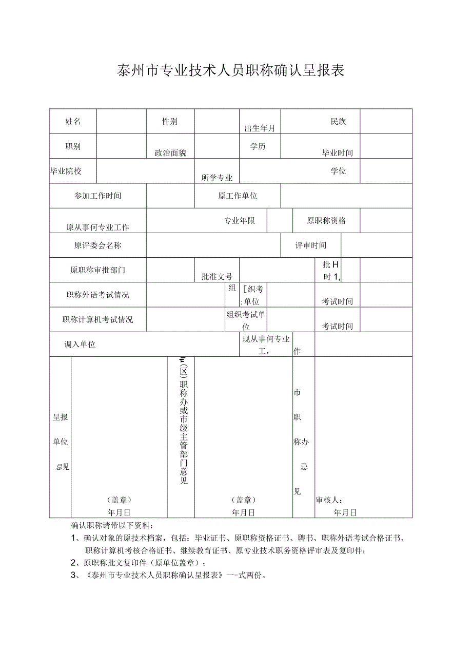 泰州市专业技术人员职称确认呈报表.docx_第1页