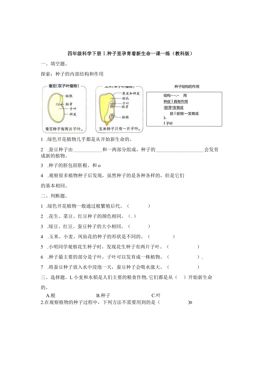 教科版四年级下册第一单元1.1《种子里孕育着新生命》习题.docx_第1页