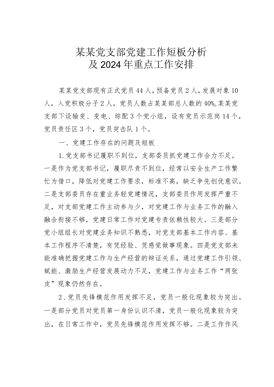 某某党支部党建工作短板分析及2024年重点工作安排.docx_第1页