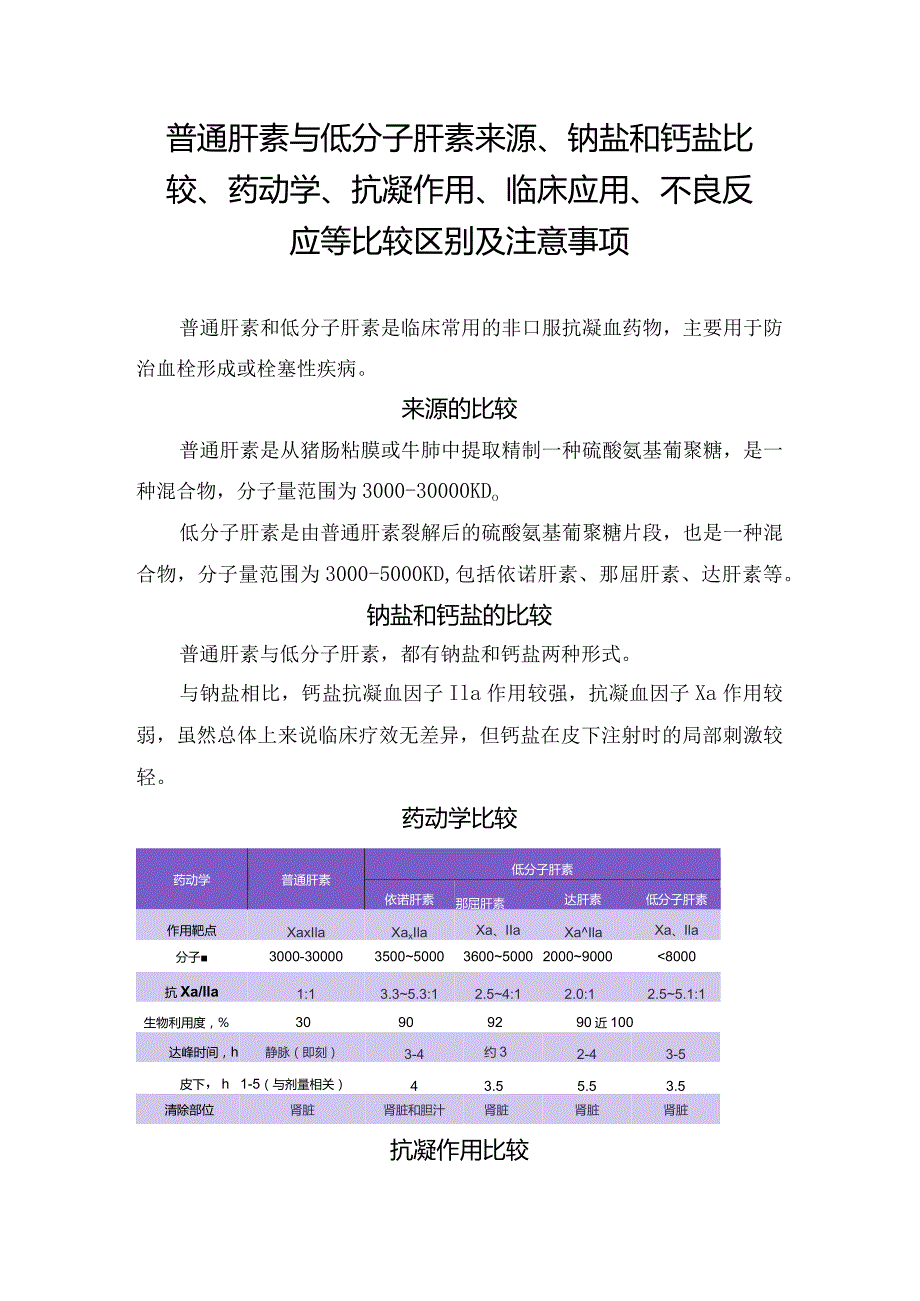 普通肝素与低分子肝素来源、钠盐和钙盐比较、药动学、抗凝作用、临床应用、不良反应等比较区别及注意事项.docx_第1页