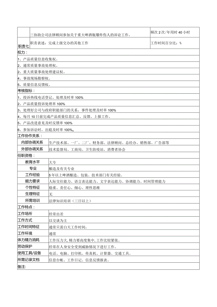 某啤酒企业营销服务部产品质量投诉岗岗位说明书.docx_第2页