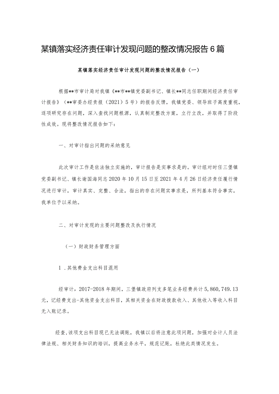 某镇落实经济责任审计发现问题的整改情况报告6篇.docx_第1页