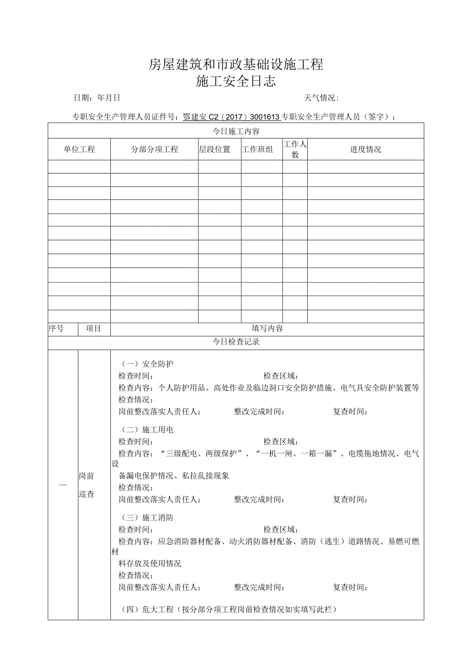 湖北省专职安全生产管理人员安全日志.docx_第1页