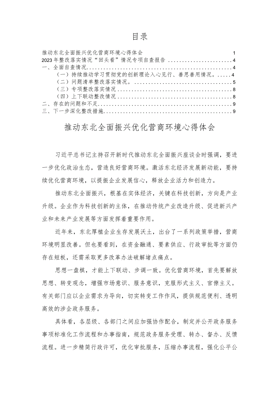 推动东北全面振兴优化营商环境心得体会、2023年整改落实情况“回头看”情况专项自查报告（2篇）.docx_第1页