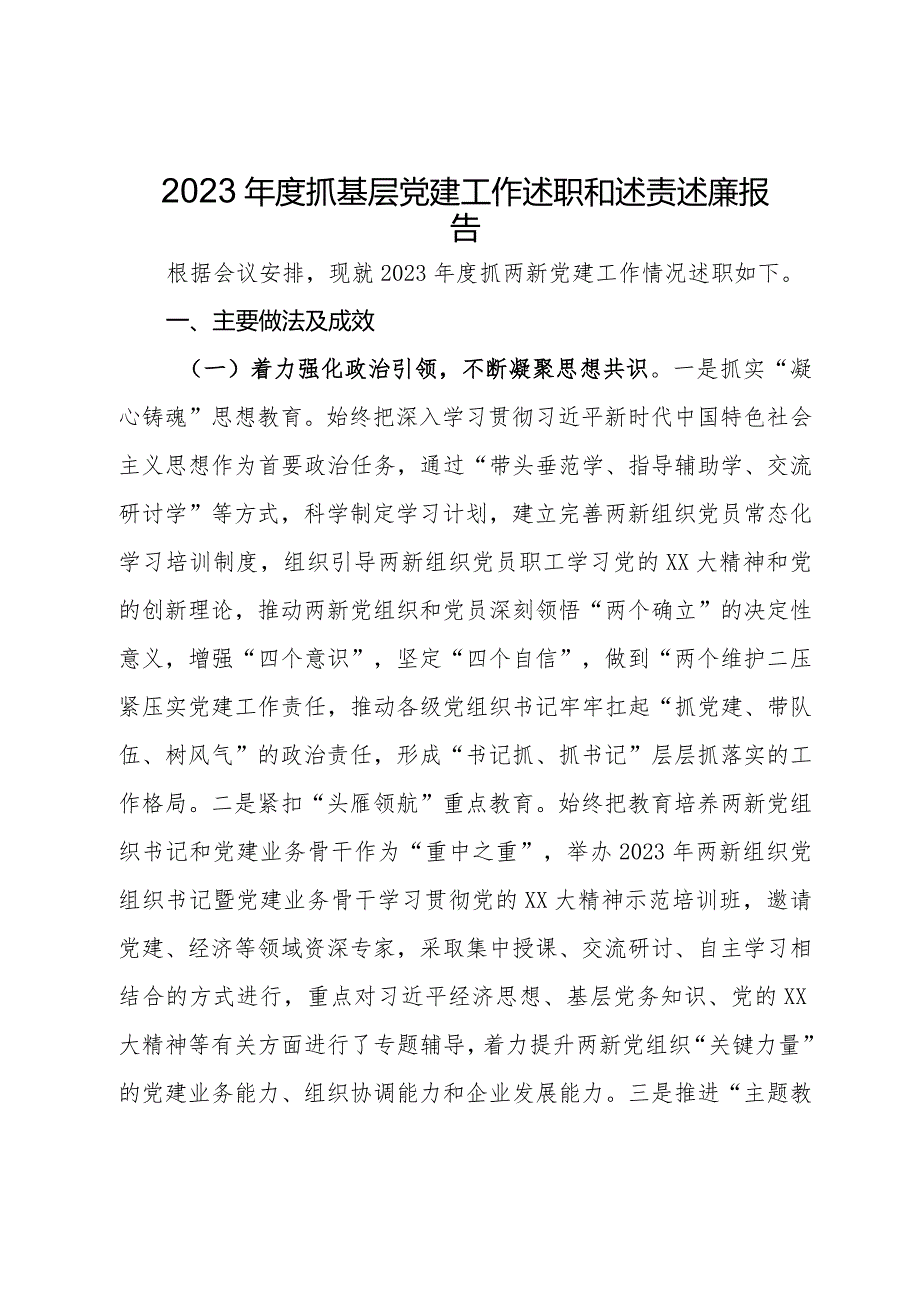 县委两新工委2023年度抓基层党建工作述职和述责述廉报告.docx_第1页