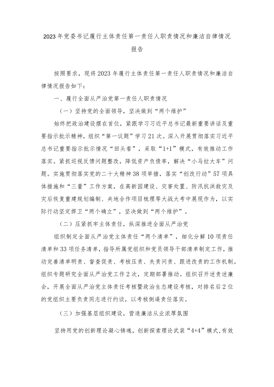 2023年党委书记履行主体责任第一责任人职责情况和廉洁自律情况报告.docx_第1页