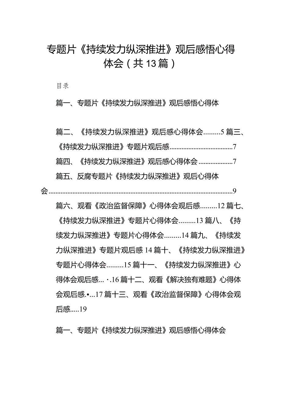 2024专题片《持续发力纵深推进》观后感悟心得体会13篇（精选版）.docx_第1页