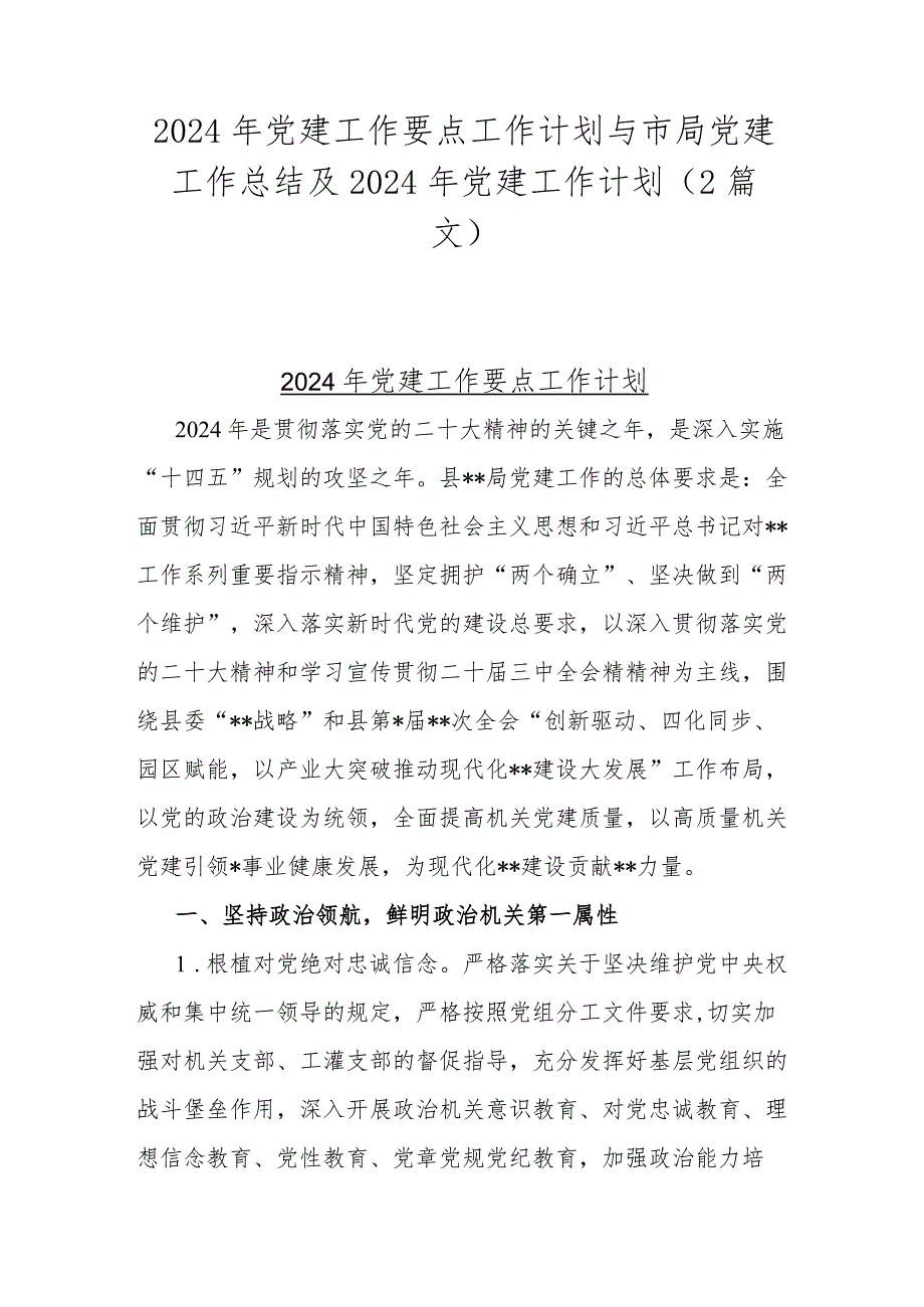 2024年党建工作要点工作计划与市局党建工作总结及2024年党建工作计划（2篇文）.docx_第1页