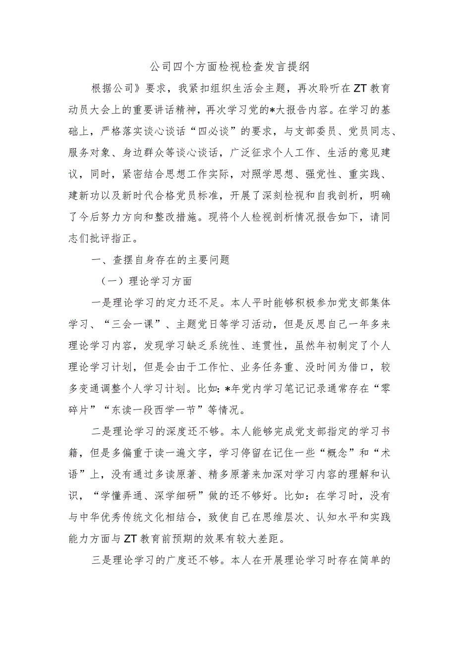 公司四个方面检视检查发言提纲.docx_第1页