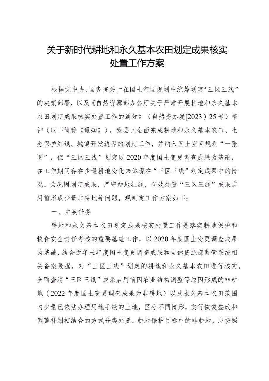 新时代耕地和永久基本农田划定成果核实处置工作方案.docx_第1页