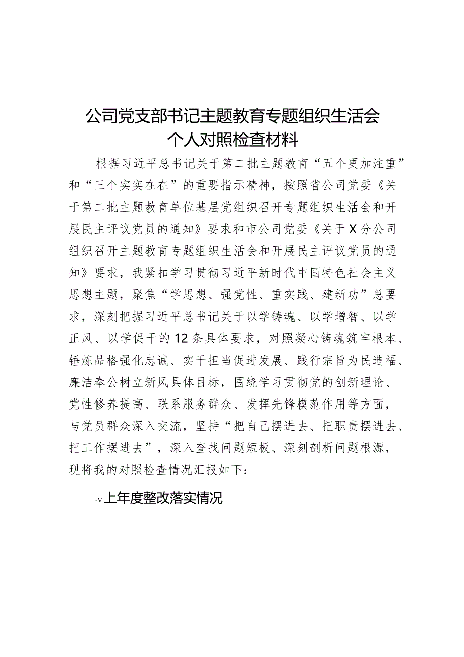 公司党支部书记主题教育专题组织生活会个人对照检查材料.docx_第1页