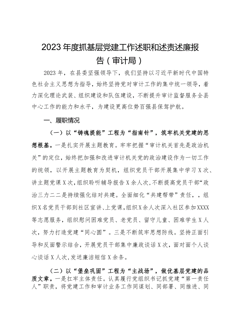 县审计局2023年度抓基层党建工作述职和述责述廉报告.docx_第1页