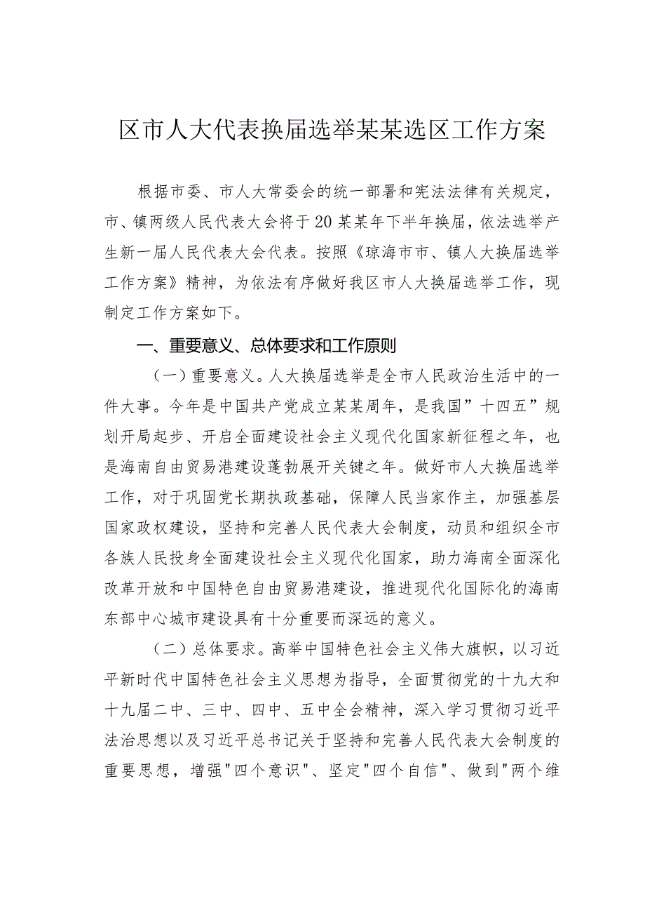 区市人大代表换届选举某某选区工作方案.docx_第1页