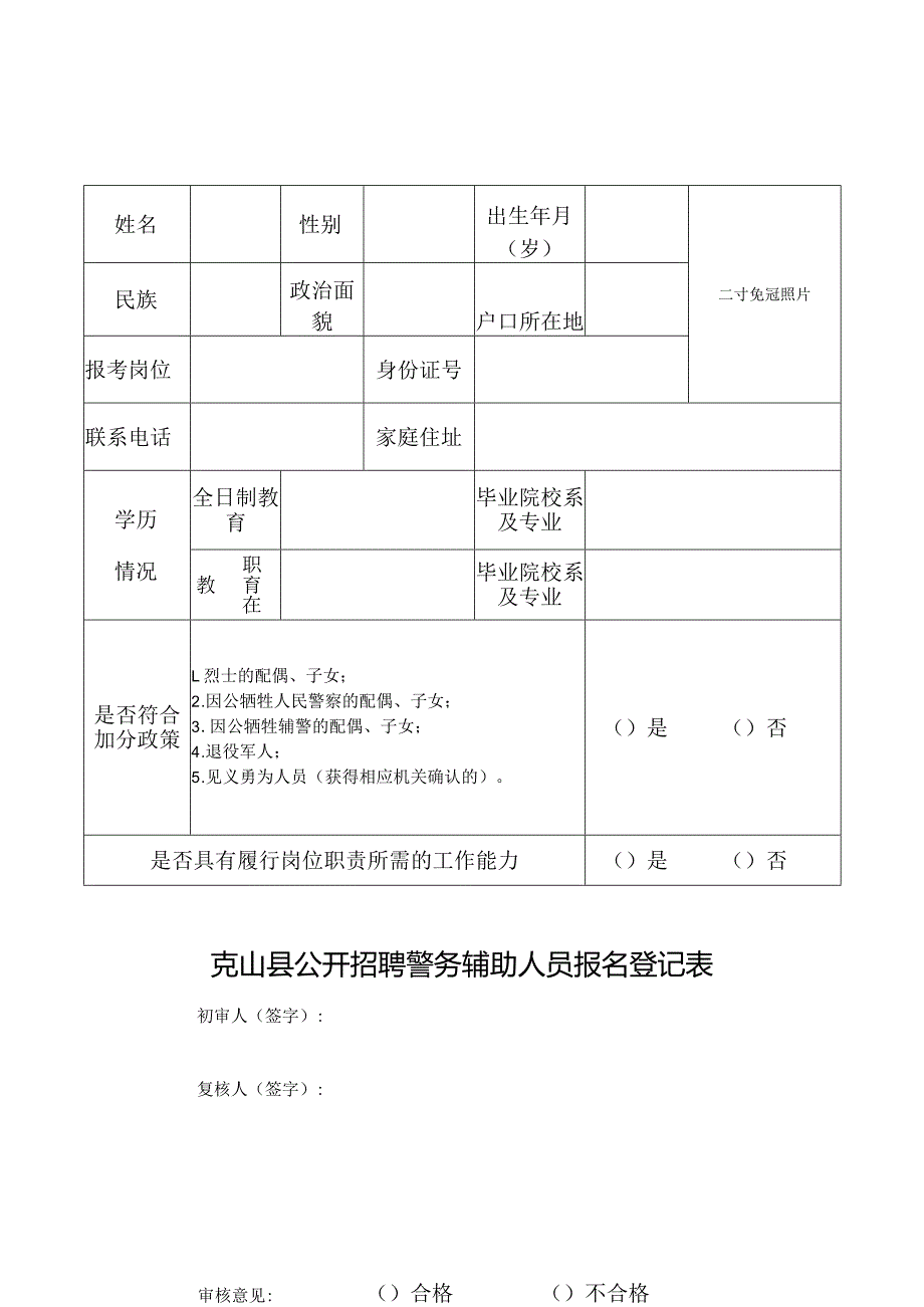 xxx公安分局警务辅助人员报名登记表.docx_第1页