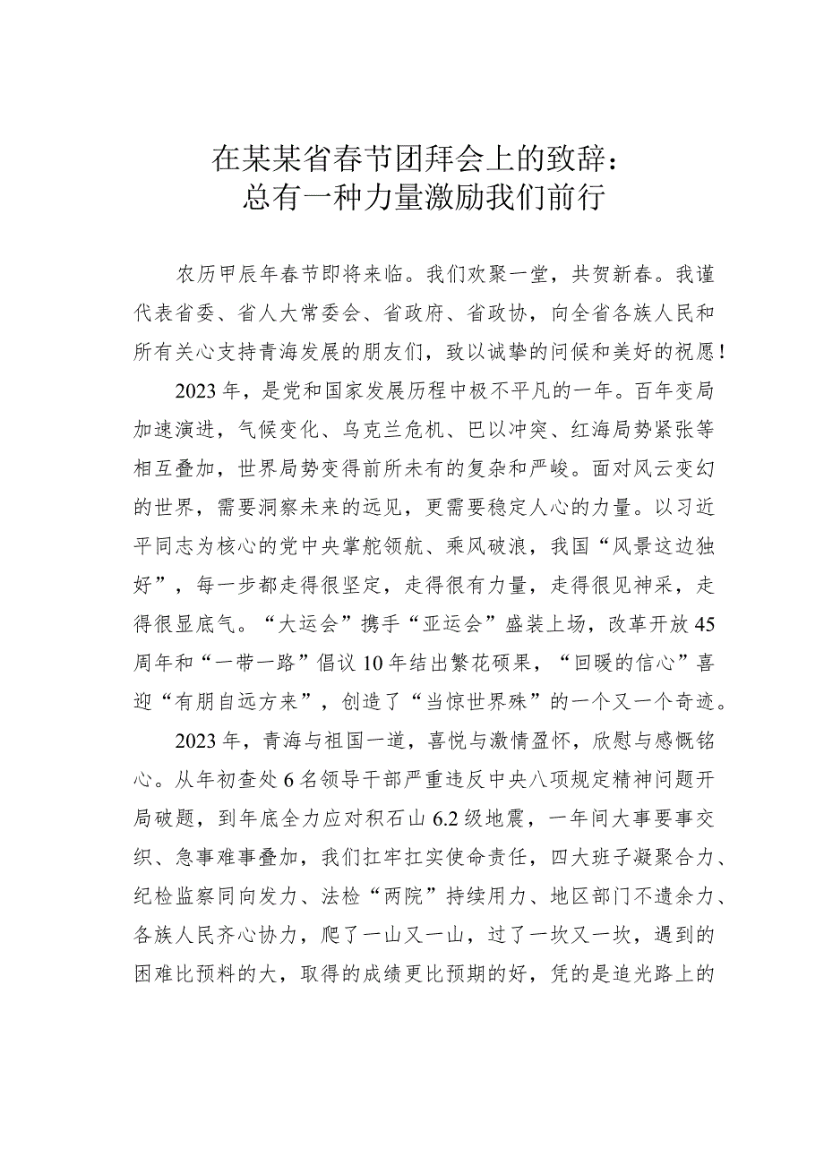 在某某省春节团拜会上的致辞：总有一种力量激励我们前行.docx_第1页