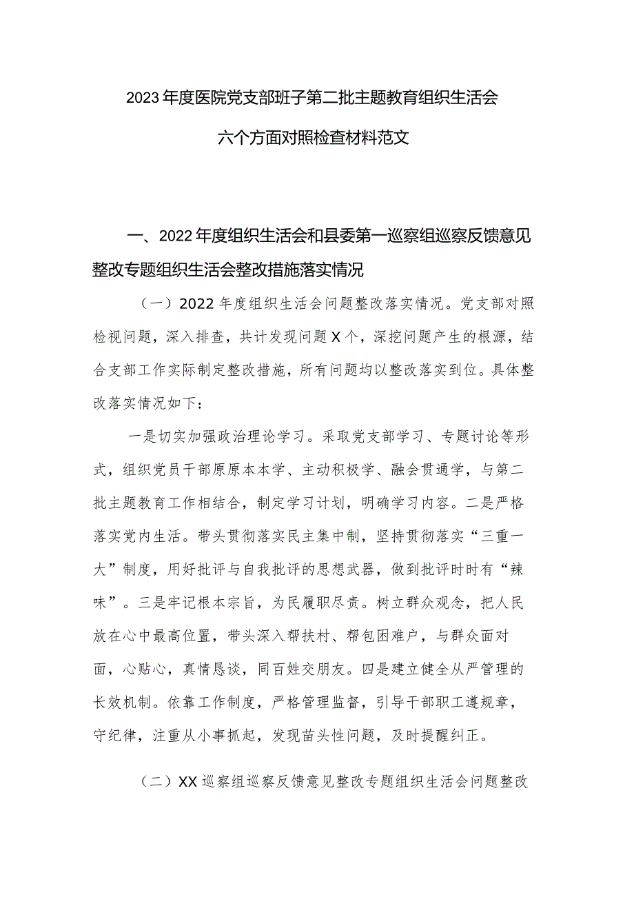 2024年度医院党支部班子第二批主题教育组织生活会六个方面对照检查材料范文.docx_第1页