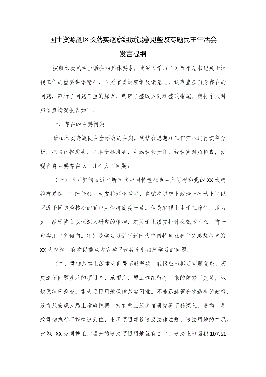 国土资源副区长落实巡察组反馈意见整改专题民主生活会发言提纲.docx_第1页