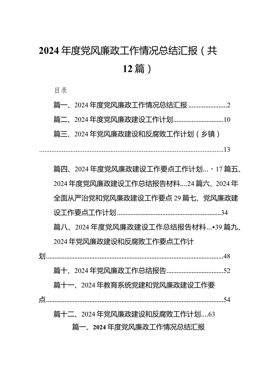 2024年度党风廉政工作情况总结汇报范文12篇供参考.docx_第1页