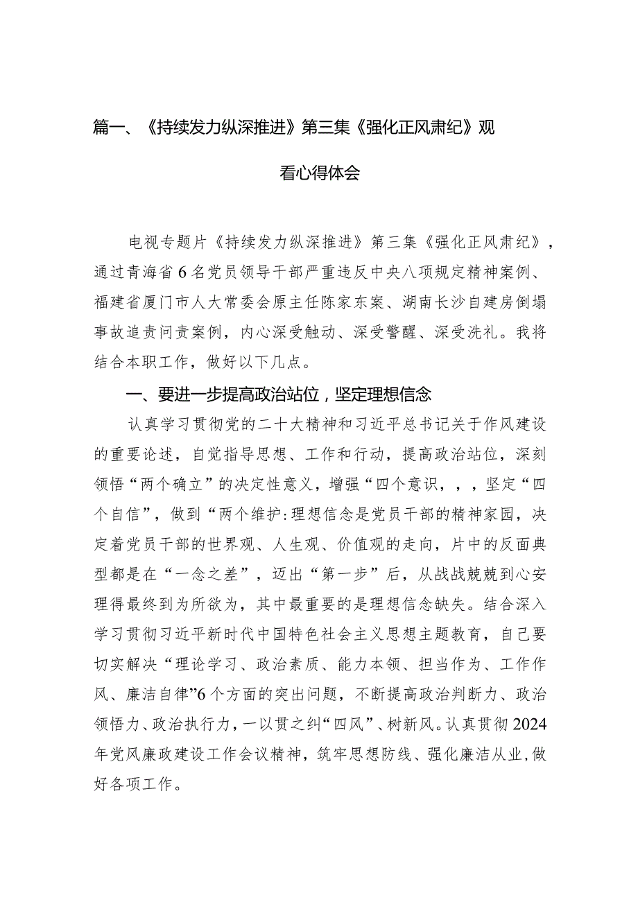 《持续发力纵深推进》第三集《强化正风肃纪》观看心得体会精选(通用14篇).docx_第3页