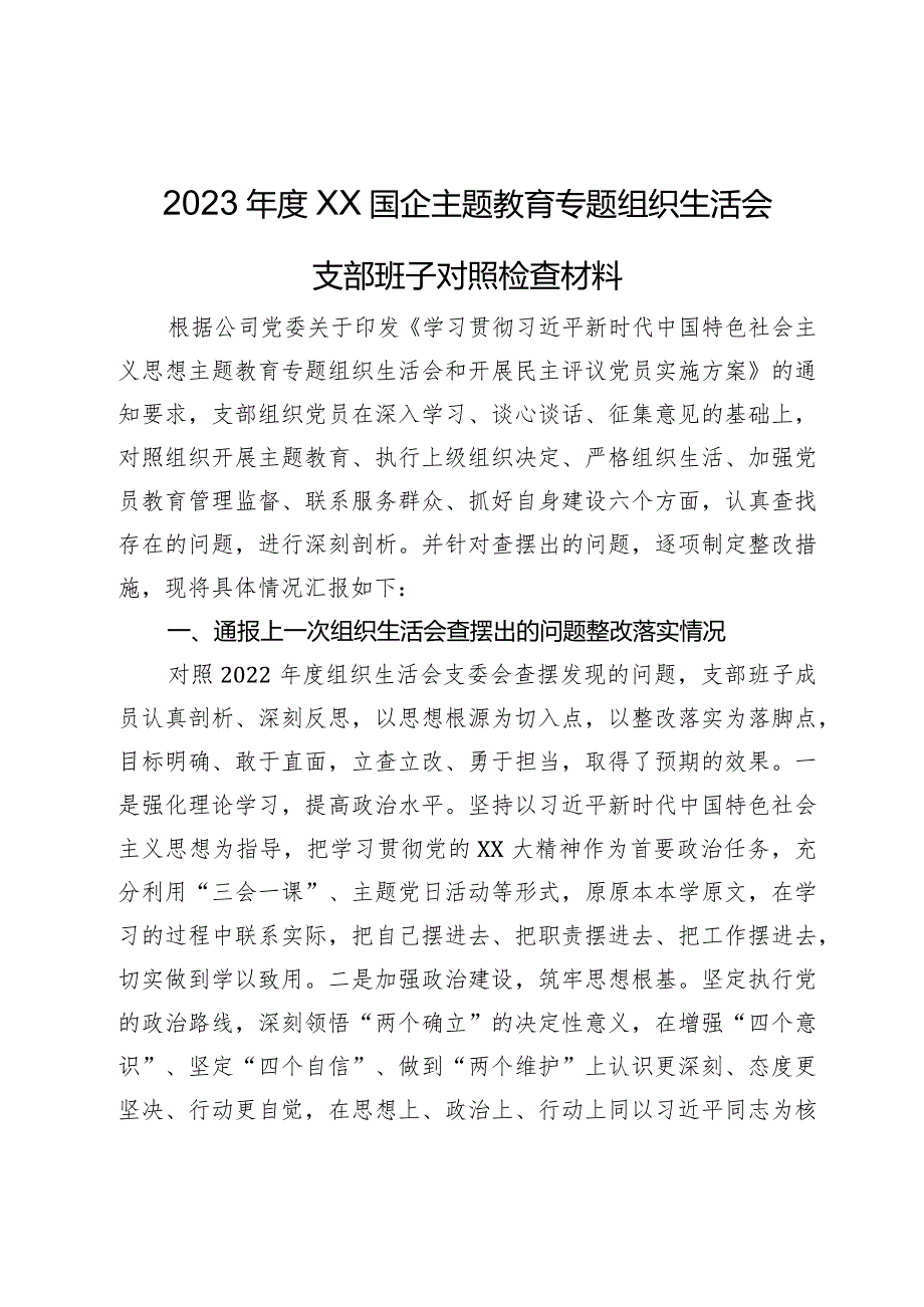 2023年度XX国企主题教育专题组织生活会支部班子对照检查材料.docx_第1页