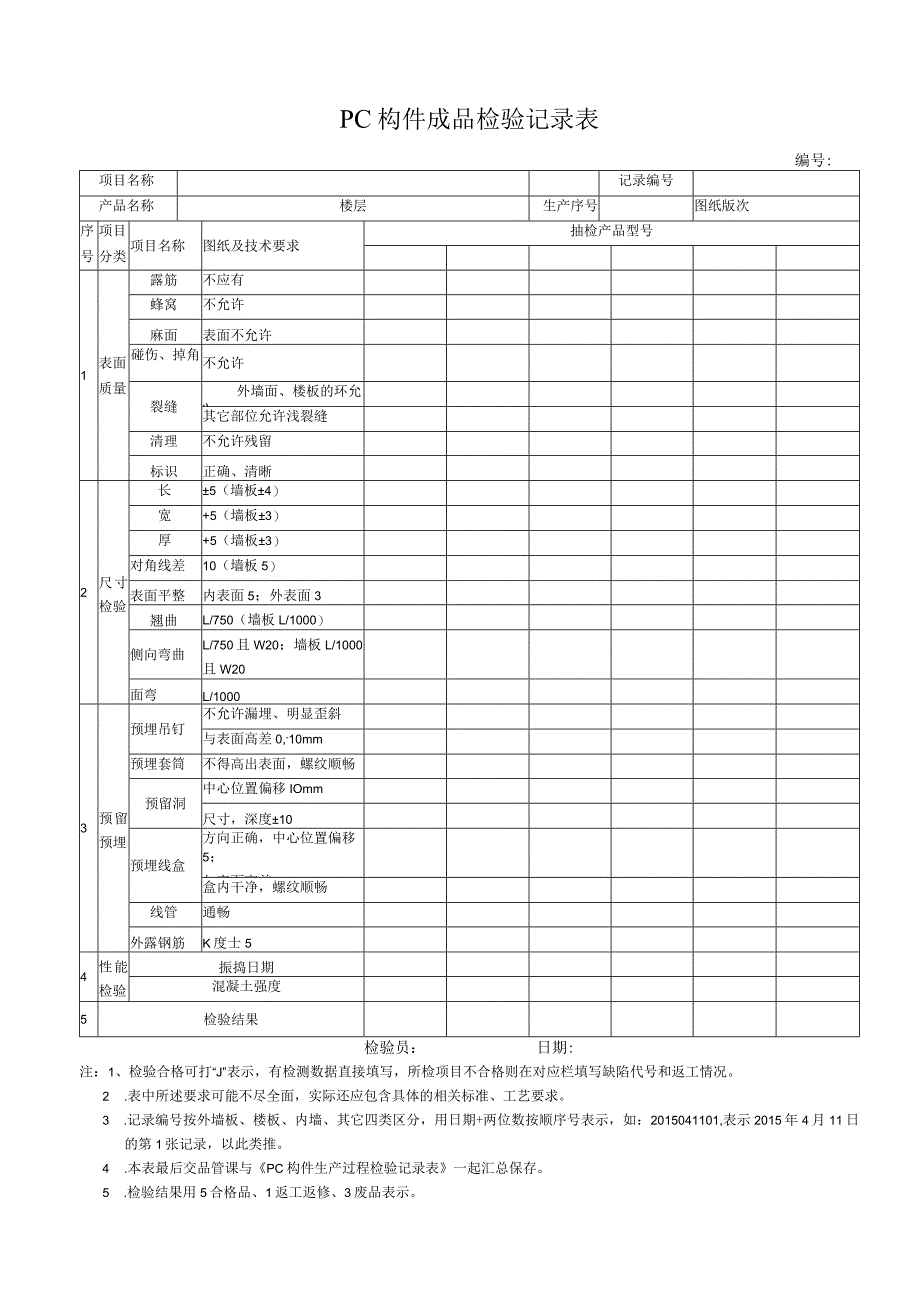 PC构件成品检验记录表.docx_第1页