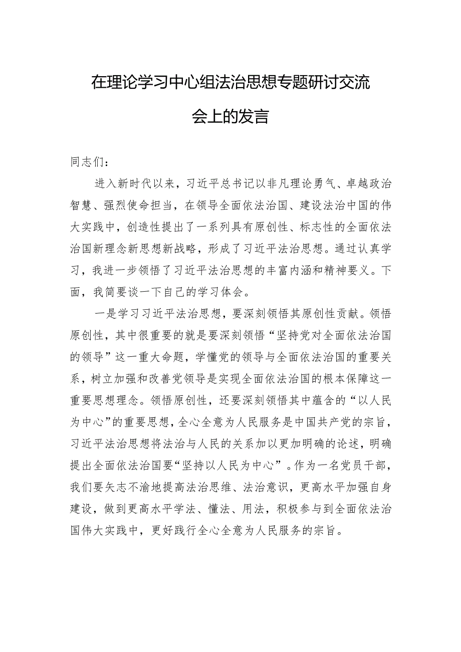 在理论学习中心组法治思想专题研讨交流会上的发言.docx_第1页