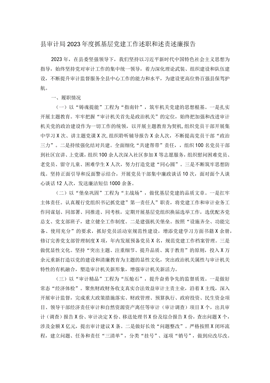 县审计局2023年度抓基层党建工作述职和述责述廉报告.docx_第1页